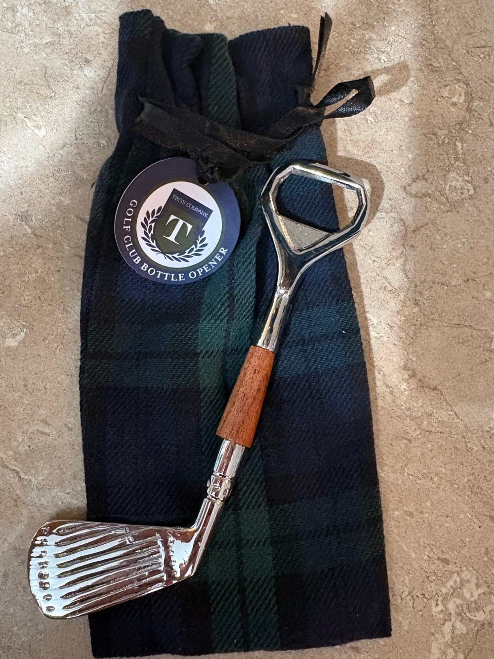 Two's Company Golf Club Bottle Opener with Wood Accent in plaid gift pouch.